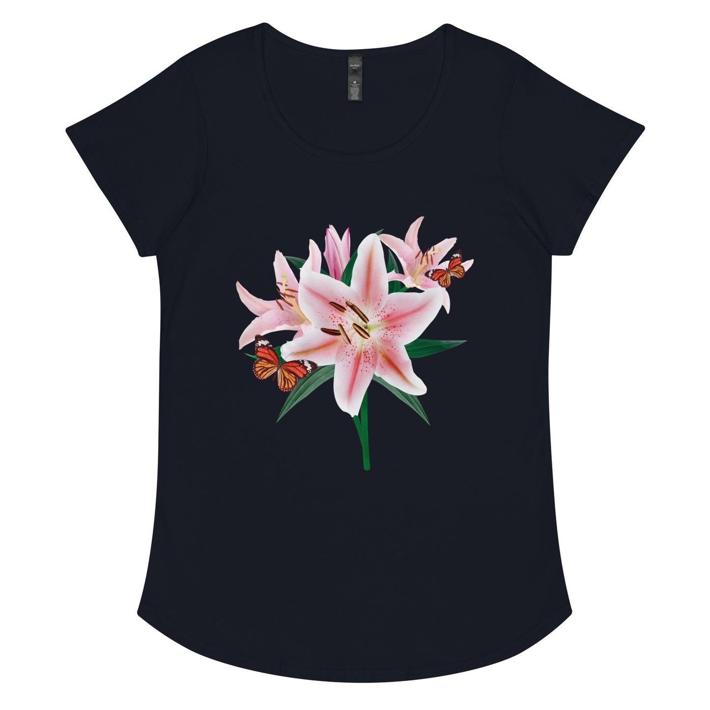 Oriental Lilies With Butterflies Women’s round neck tee