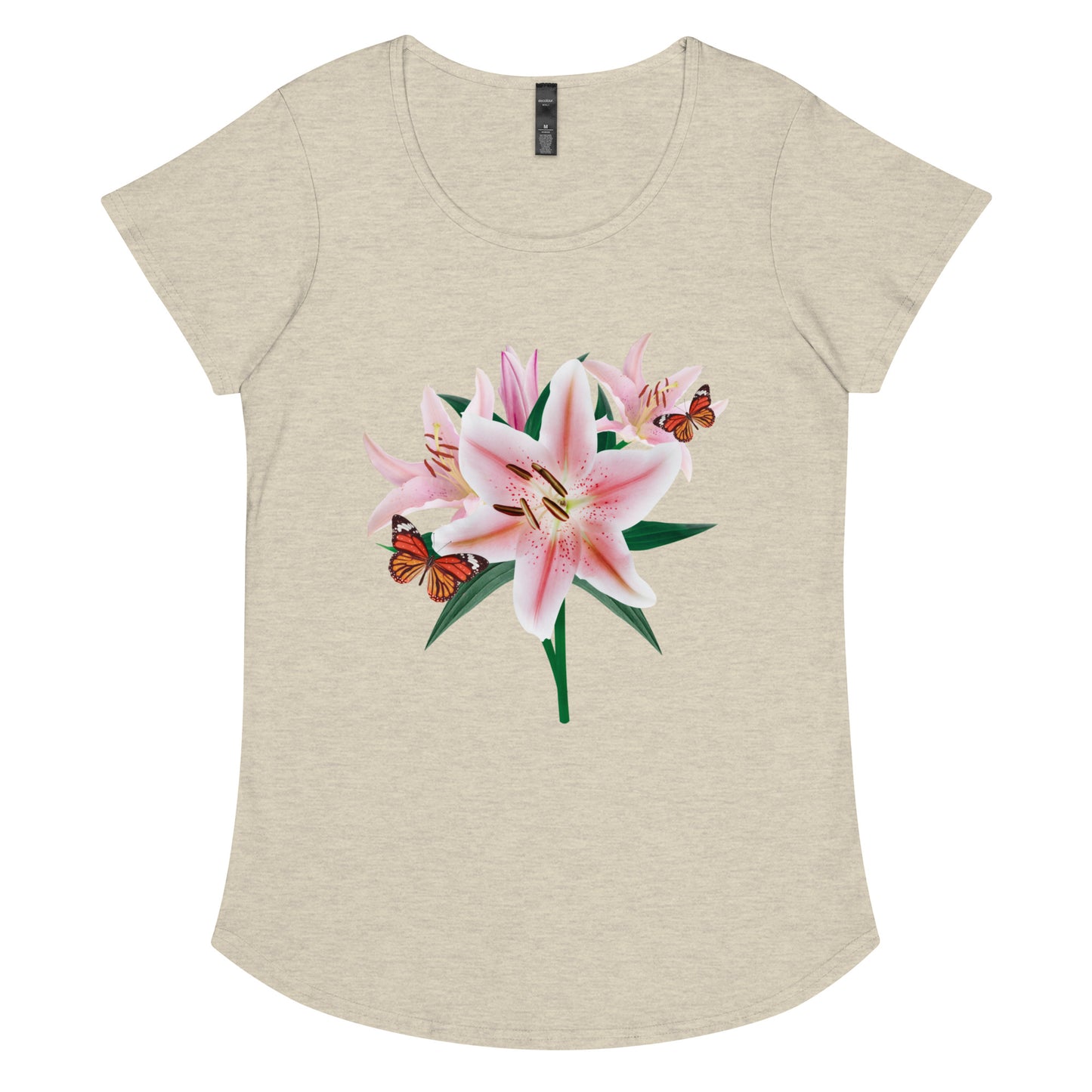 Oriental Lilies With Butterflies Women’s round neck tee