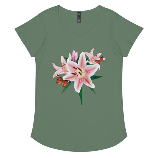 Oriental Lilies With Butterflies Women’s round neck tee