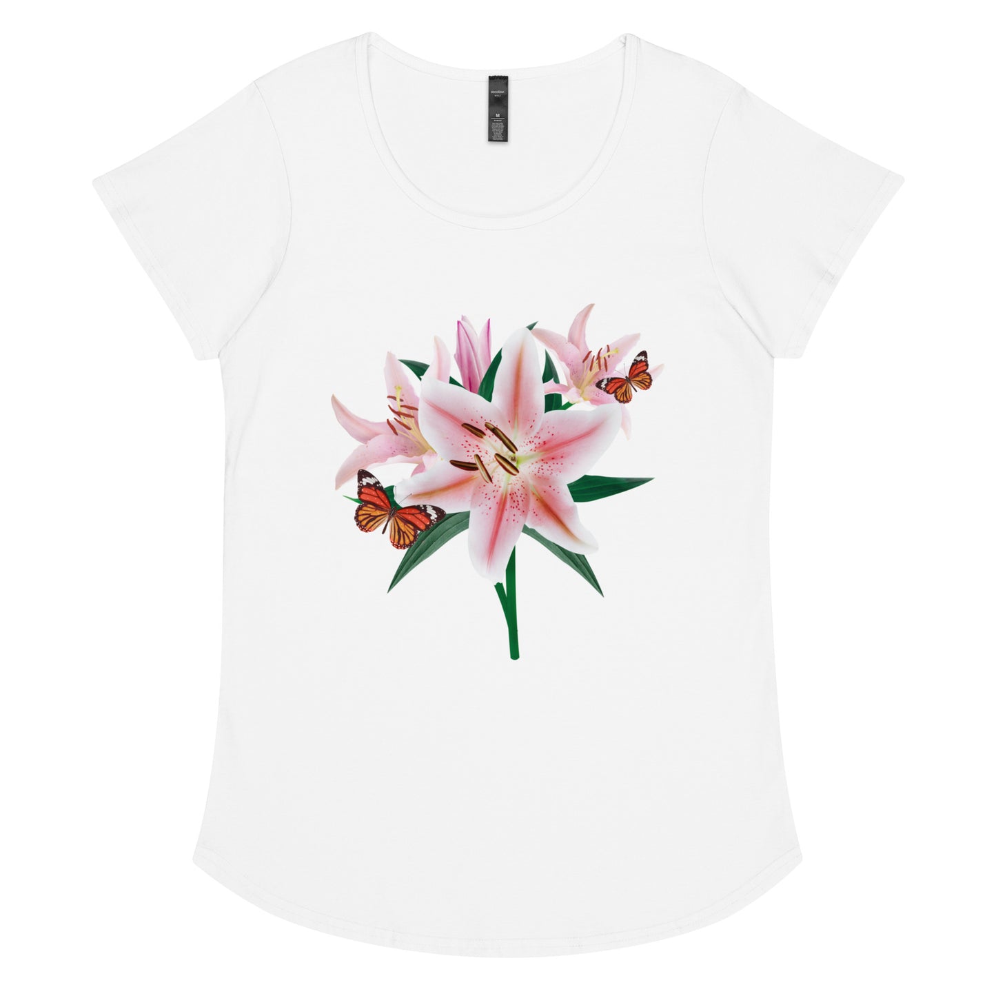 Oriental Lilies With Butterflies Women’s round neck tee